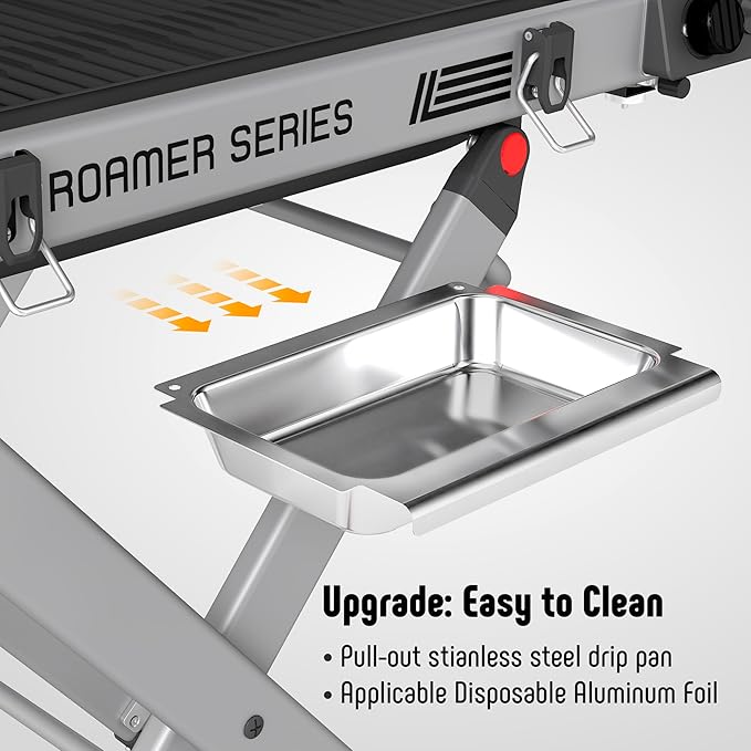 Portable Propane Gas Grill with Folding Cart & 13000 BTUs Burner, 360 Sq. In. Cast Iron Cooking Grates, Side Table, 8" Wheels, Stainless Grease Tray for Outdoor BBQ, Camping & Tailgating, Grey