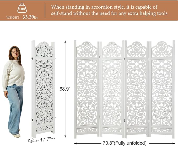 5.75Ft Room Divider Wood Screen, 33Lbs Durable MDF Carved Rustic Style Headboard, Reversible Freestanding Folding Partition Paravent for Home, 69 * 71 inch(H*W) - 4 Panels (Rustic White)