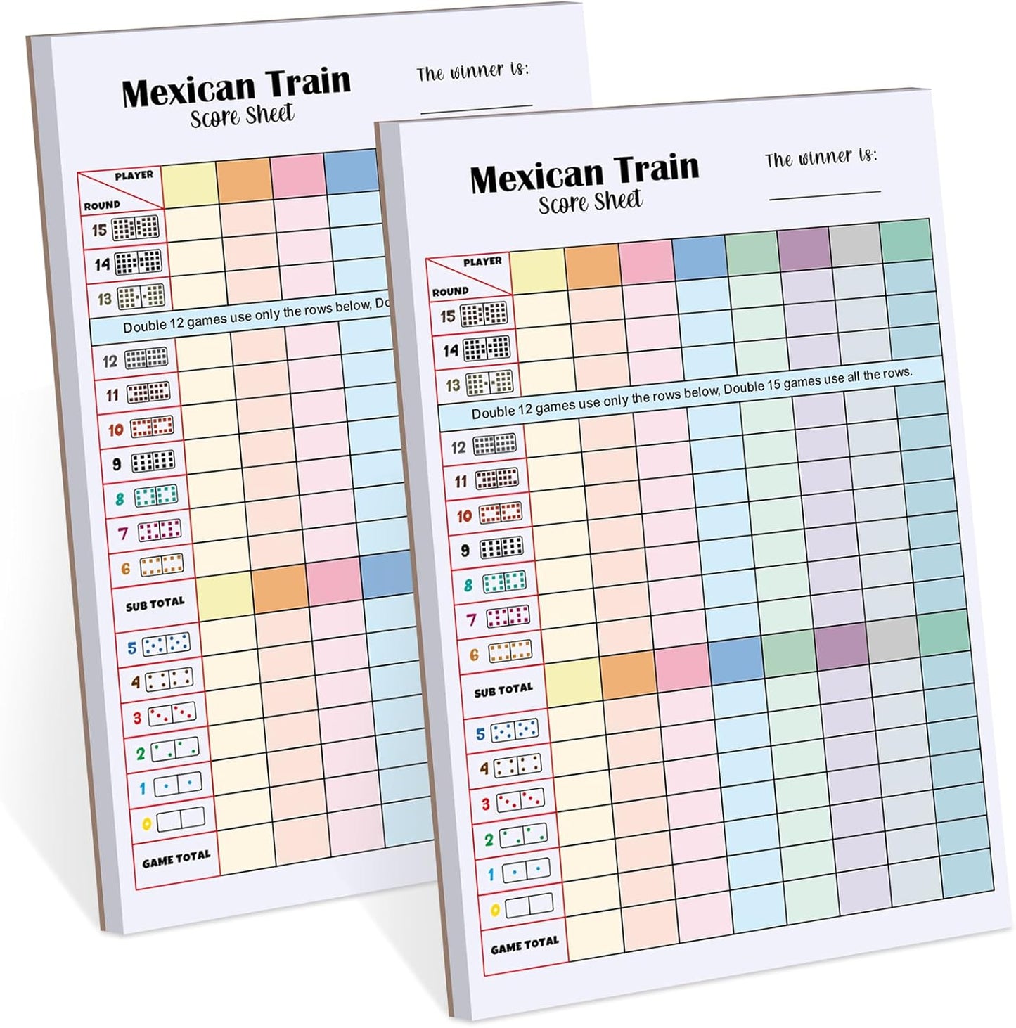 2 Pack 120 Sheets Mexican Train Score Pads Colorful Chicken Foot Dominoes Game Scorepad Adult Mexican Train Score Sheet Scoreboard Paper Record Clearly for Family Game (8 x 5.5 Inches)
