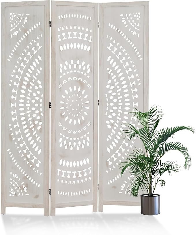 Room Divider Wood Carved Wall Divider Indoor Folding Bohemian Style Portable Partition Screen for Home Office Garden Terrace - 3 Panels (Antique, White-Washed)