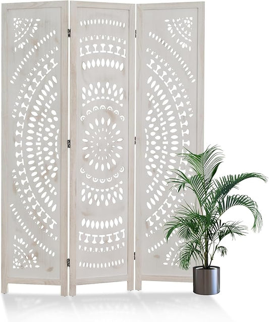 Room Divider Wood Carved Wall Divider Indoor Folding Bohemian Style Portable Partition Screen for Home Office Garden Terrace - 3 Panels (Antique, White-Washed)