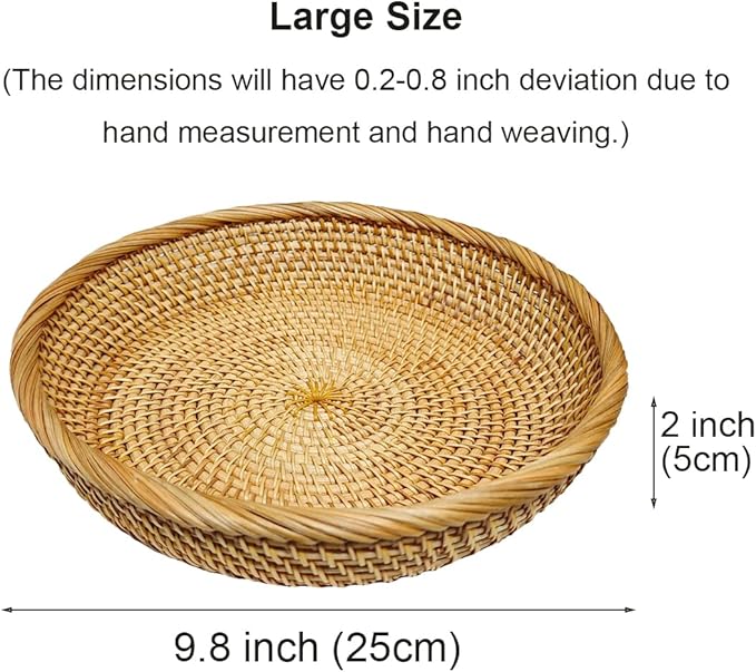 RT&BS Round Rattan Tray, Natural Rattan Decorative Tray, Christmas Food Tray, Handwoven Serving Baskets for Breakfast, Drinks, Snacks (L, Ø9.8 x 2'')