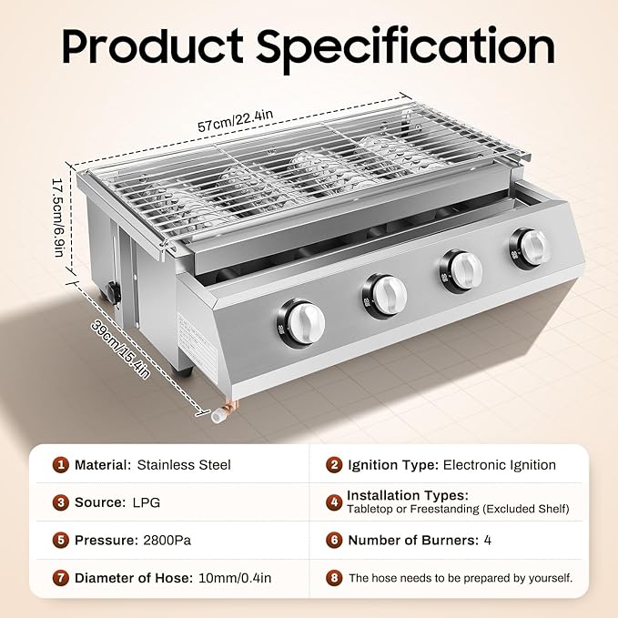 Gas BBQ Grill, Tabletop Outdoor Barbecue Grill with Food Tray Adjustable Height & 4 Independent Temp Control, Portable Stainless Steel Cooking BBQ Griddle For Camping Gatherings and Outdoor Activities