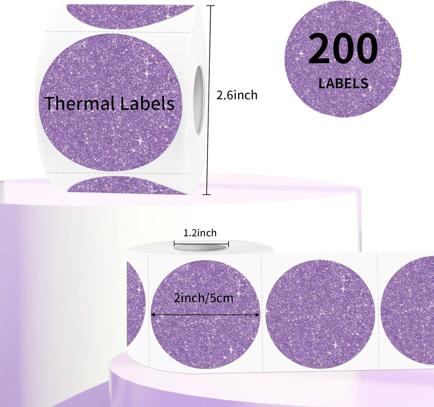 2" Holographic Thermal Label Stickers, Round Direct Thermal Label Stickers, Glitter Thermal Printer Sticker Labels for Gift Wrapping, Perforation Line Design- Glitter Purple