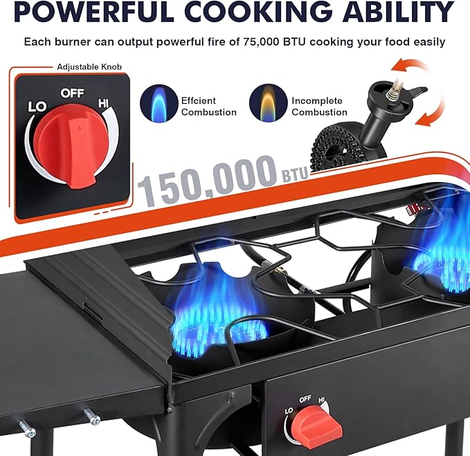 Llamaviva 2 Burner Propane Stove with Windpanel, Camping Stove with Side Shelves, 150000 BTU Propane Burners Removable Legs & Regulator Hose & Carrying Bag
