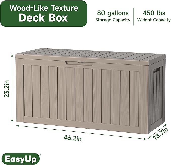EasyUp 80 Gallon Outdoor Storage Box Waterproof, UV Resistant Resin Deck Box with Hydraulic Rod, Reinforced Stability for Patio, Garden, Striped Gray