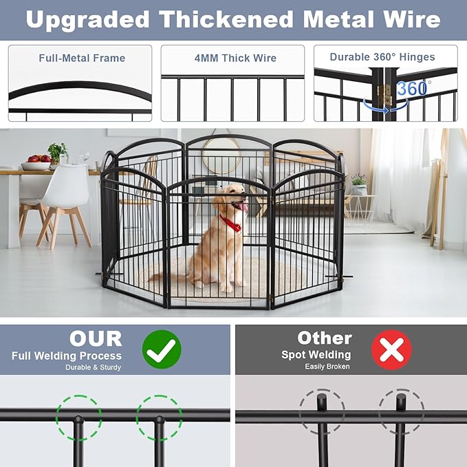 Full Metal Free Standing Dog Gate with Door for Indoor Outdoor,192'' Extra Wide 32'' Tall Dog Gates for Doorways,Large Openings,Decks,Freestanding Portable Pet Fence(8 Panels,Black)