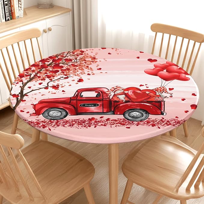 Valentines Day Round Fitted Tablecloth with Elastic Pink Red Heart Circle Table Cloth for 36-40" Round Tables Wipeable Waterproof Washable Gnome Truck Valentine Table Cover for Dining Picnic Party