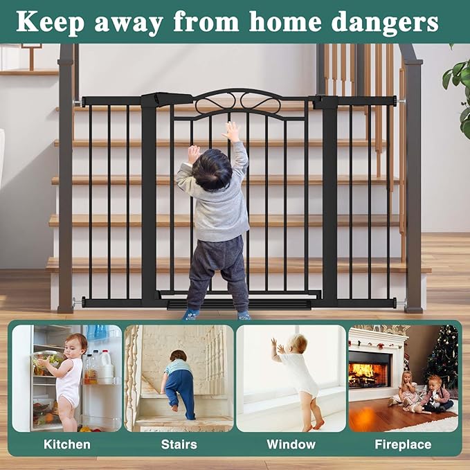 Fairy Baby 29.5"-48.8" Extra Wide Baby Gate for Stairs, Pressure Mounted Easy Walk Thru Pet Gate, Metal Safety Child Gate No Drill, Auto Close Long Dog Gates for The House Doorways, Black