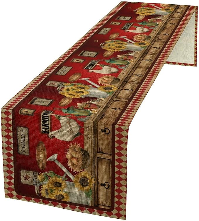 Rooster Table Runner, Rustic Farmhouse Country Cottage Farm Animal Sunflower Retro Checked Table Runner Seasonal Holiday Home Kitchen Dining Table for Home Party Decor 13"x72"