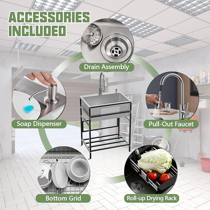 Utility Sink, 25x18 Inch Stainless Steel Freestanding Laundry Sink Practicality With Accessories-Kitchen Faucet,Soap Dispenser, SS Sink Grid, Colander For Laundry,Garage,Outdoor Kitchen,Garden...
