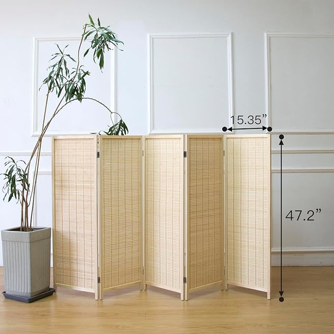 5 Panel Short Room Divider Screen,Beige Freestanding Partition,Small Bamboo Panel Divider for Room Seperation,3.95 FT Tall