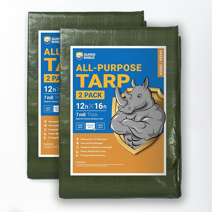 GUARD SHIELD Green Tarp Waterproof 12x16 Feet Medium Duty All Purpose Poly Tarps Cover 7mil (2-Pack)