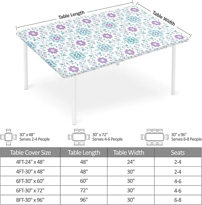 Rectangle Table Cloth Cover Waterproof Elastic Fitted Polyester Fitted Tablecloths for 8 Foot Tables for Indoor,Picnic, Camping, Outdoor （96" x 30"，Geometric Flowers）