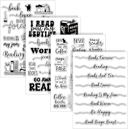 Whaline 4 Sheets Reading Words Clear Stamps Greeting Words Bookcase Bookshelf Silicone Transparent Stamps for DIY Craft Card Making Scrapbooking Embossing Album Decor
