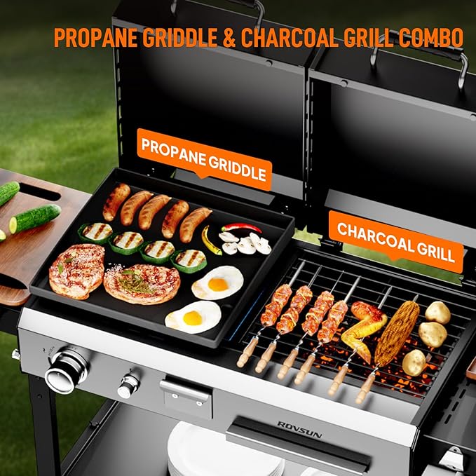 Bonnlo Propane Flat Top Griddle and Charcoal Grill Combo with Lid, Powerful 12,000 BTU Grills with Side Shelves & Foldable Legs, 4 Burners Grill with Movable Wheels for Outdoor BBQ Camping Use