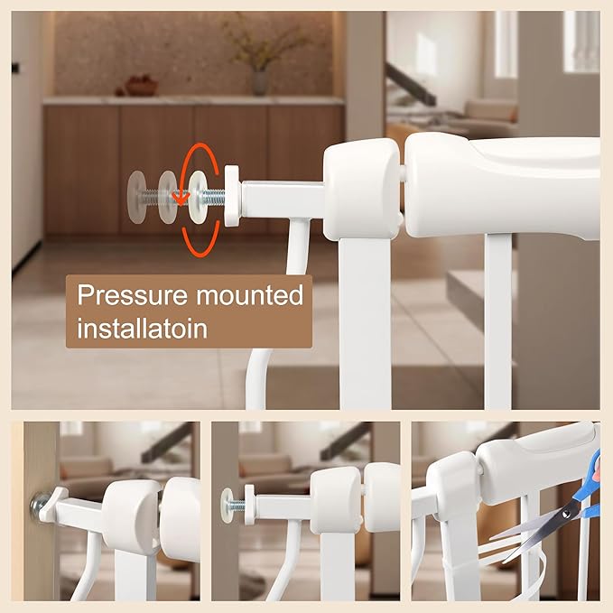 Baby Gate for Stairs No Drill 38.58-43.31 Inch, Pressure Mounted Metal Child Safety Dog Gates for Doorways, Walk Through Pet Indoor Auto Close, White