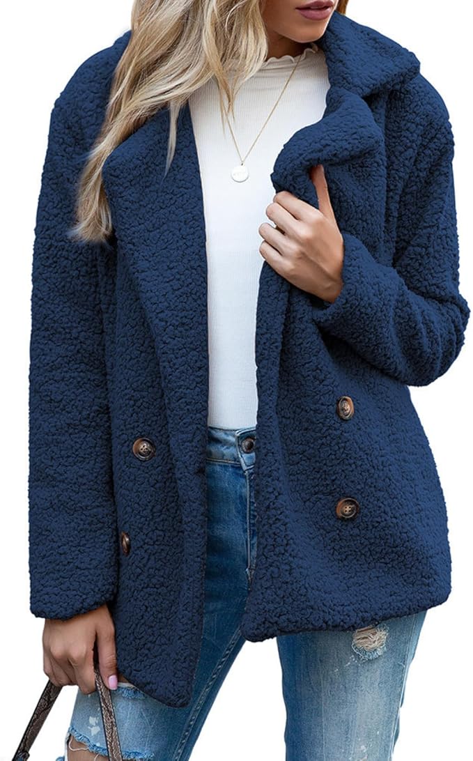 Women's Winter Warm Plush Cardigan Fuzzy Fleece Lapel Jacket with Buttons Pockets Long Sleeve Casual Outerwear