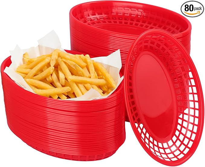 80 Pcs 9 x 5.7 Inch Reusable Oval Fast Food Baskets, Sturdy Plastic Serving Baskets for Fast Food, Parties, Picnics, BBQs and Snacks, by KUKLIPJIM.(Red)