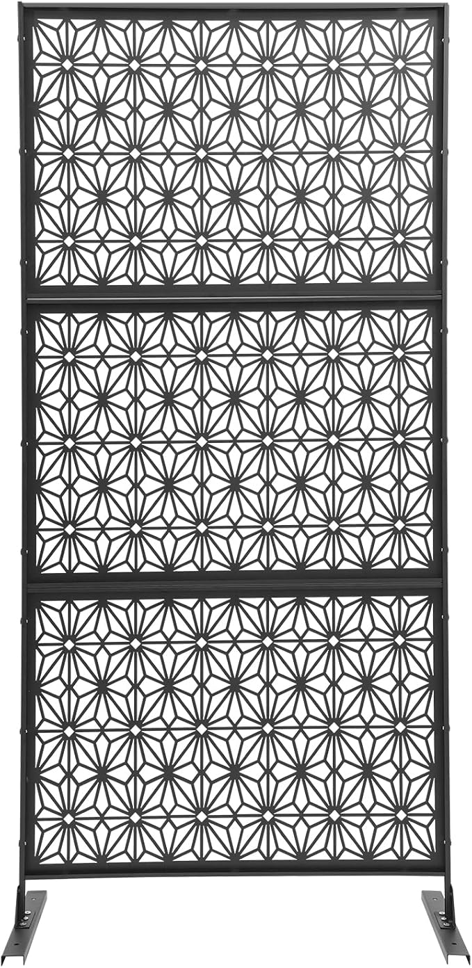 75" H×35" W Decorative Outdoor Privacy Screen with Stand, Outdoor Decor Privacy Fence Screen Metal Fence Panels, Free Standing Metal Divider for Patio Lawn Deck (Black-Small Snowflake)