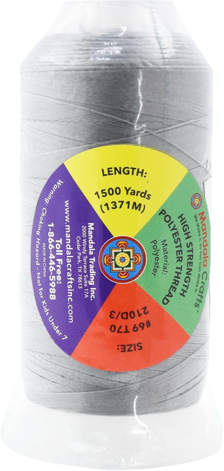Mandala Crafts Silver Heavy Duty Thread - 1500 Yds Tex 70 Thread for Sewing Drapery Jeans Leather Hair - Bonded Polyester for Outdoor Marine Upholstery