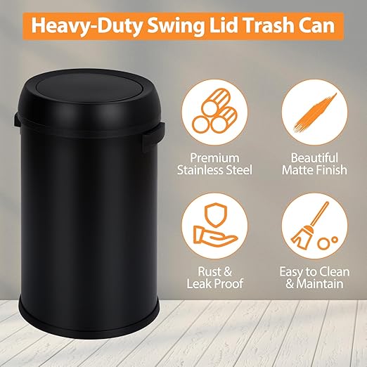 GarveeHome 17 gal/65 L Swing Top Trash Can, Stainless Steel Rubbish Bin, Commercial Grade Waste Container, Round Garbage Can for Outdoor, Home Office, Restaurant, Black