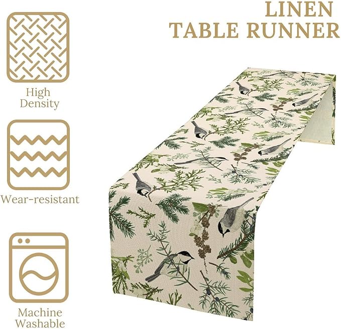Bird Spring Table Runner,Vintage Watercolor Perching Birds Green Pine Branches Table Runner for Kitchen Dining Table Holiday Indoor Outdoor Home Party Decor 13x60in