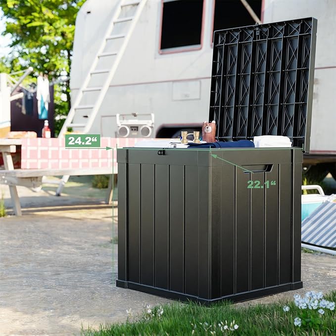 DRATO 50 Gallon Deck Box, Outdoor Storage Box for Patio Cushion, Garden Tools,Waterproof Patio Storage box, Lockable (Black，50 Gallon)