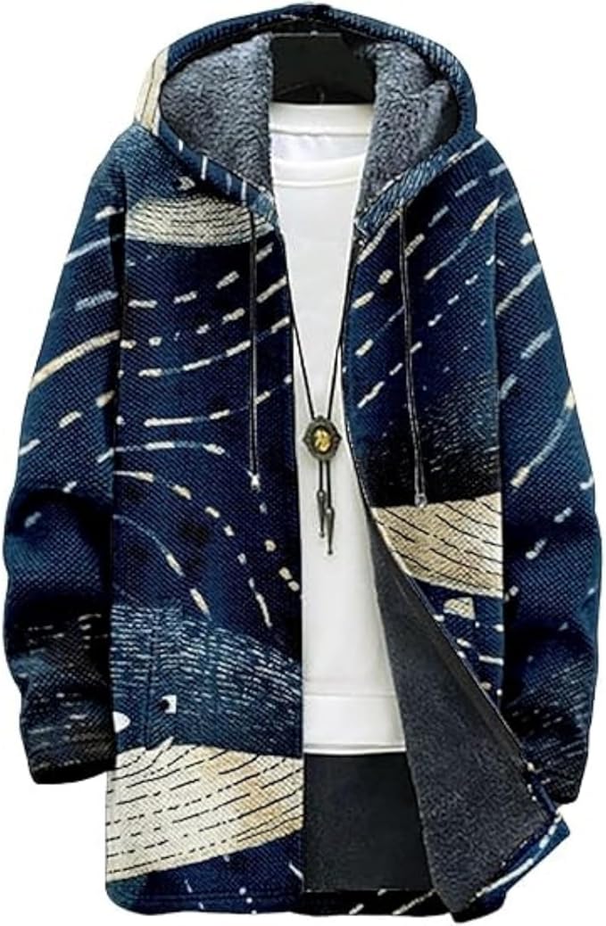 Men's Hooded Sweater Coat Knit Fleece Lined Long Cardigan Jacket with Zip Front Pocket Vintage Casual Zip Up