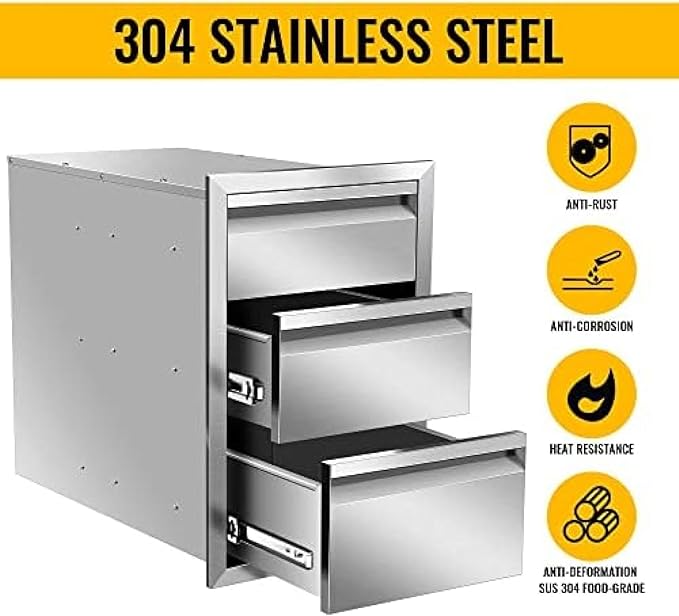 Outdoor Kitchen Stainless Steel Triple Access BBQ Drawers With Handle For BBQ Island Patio Grill Station,Three Drawers