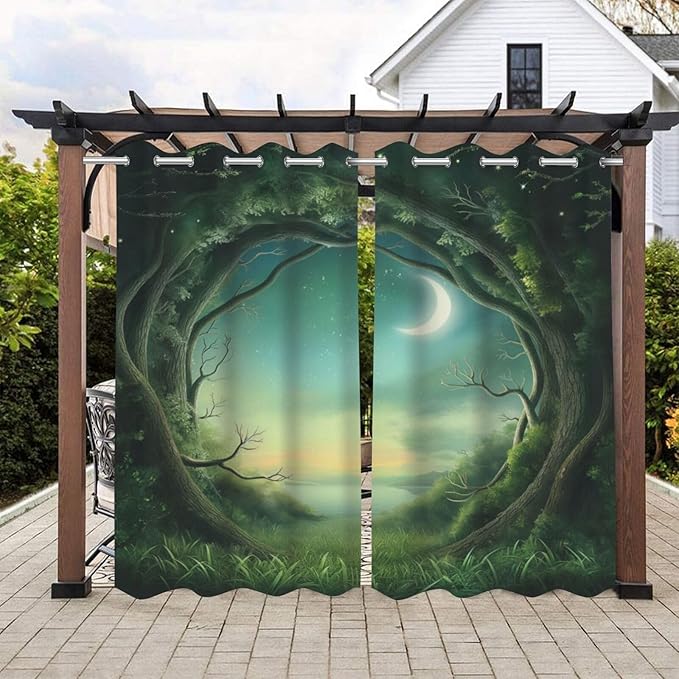 Forest Theme Outdoor Curtains for Patio Waterproof,Trees Moon Lake Pattern,Grommet Curtain for Bedroom, Porch, Living Room, Pergola, Cabana,Set of 2 Panels,54 x 108 inch,Green