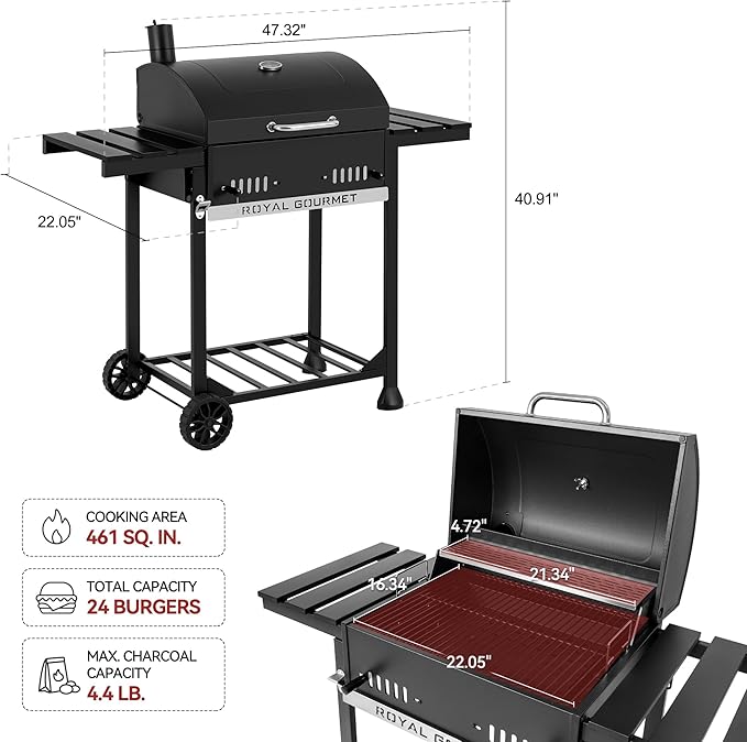 Royal Gourmet CD1824ET Movable Charcoal BBQ Grill with Foldable Side Tables, Outdoor Barbecue Grill with 470 Sq. In. Cooking Area for Outdoor Picnic and Camping Grilling, Black