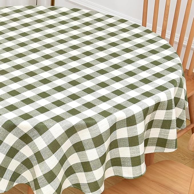 Gingham Table Cloth for Round Tables Green Checkered Plaid Tablecloth Heavy Duty Cotton Blend Washable & Wrinkle Table Cover for Outdoor Kitchen Dining Picnic Camping (60 inch Diameter)