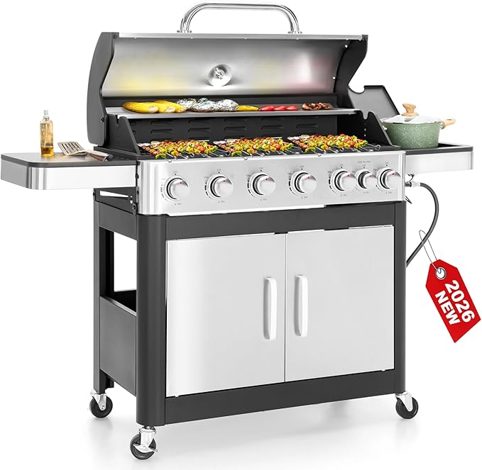 6 Burner Propane Gas BBQ Grill with Side Burner & Porcelain-Enameled Cast Iron Grate, 65,800 BTUs Barbecue Grill 665 Sq. In. Grilling Area, Outdoor Propane Grill for Camping Patio Backyard Cooking