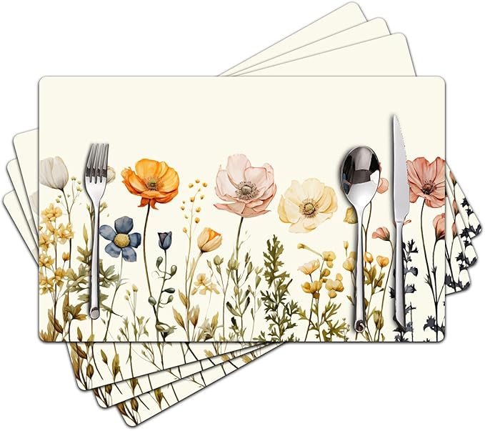 Flower Placemats Set of 4 - Spring Floral Faux Leather Heat Resistant Placemats for Dinner Table, Non-Slip Waterproof Oil-Proof Washable Reusable Placemat for Indoor Outdoor Kitchen, 15.75In*11.81In