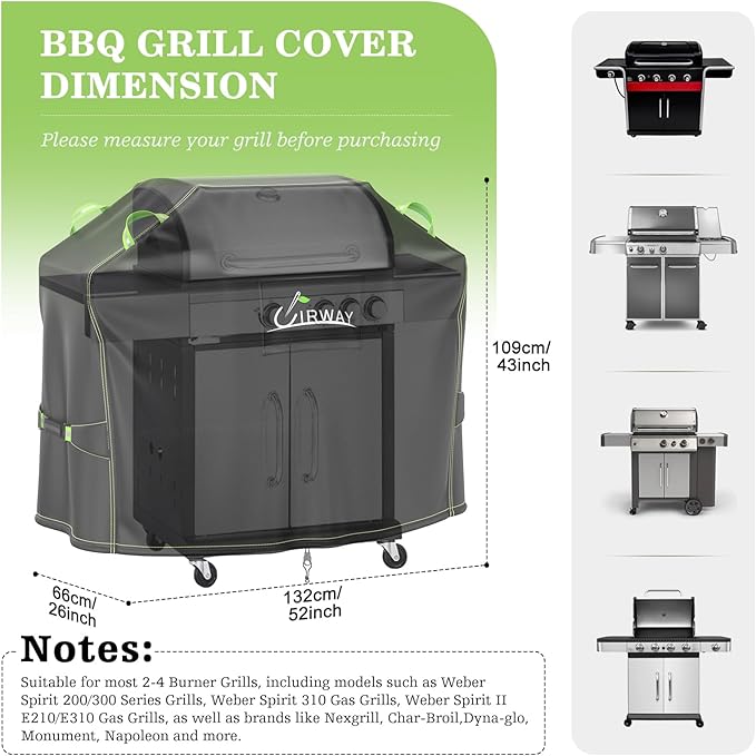 UIRWAY Grill Cover for Outdoor Grill 52 Inch, 600D Heavy Duty Waterproof BBQ Cover, UV & Fade Resistant Gas Grill Covers with Reflective Strip and Air Vent, Black