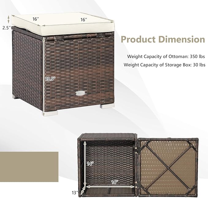 Tangkula 2 Pieces Patio Ottomans, Patiojoy Hand-Woven PE Rattan Side Table with Removable Cushion & Hidden Storage Space, Multifunctional Storage Box, Seat for Patio, Backyard, Poolside (Off White)