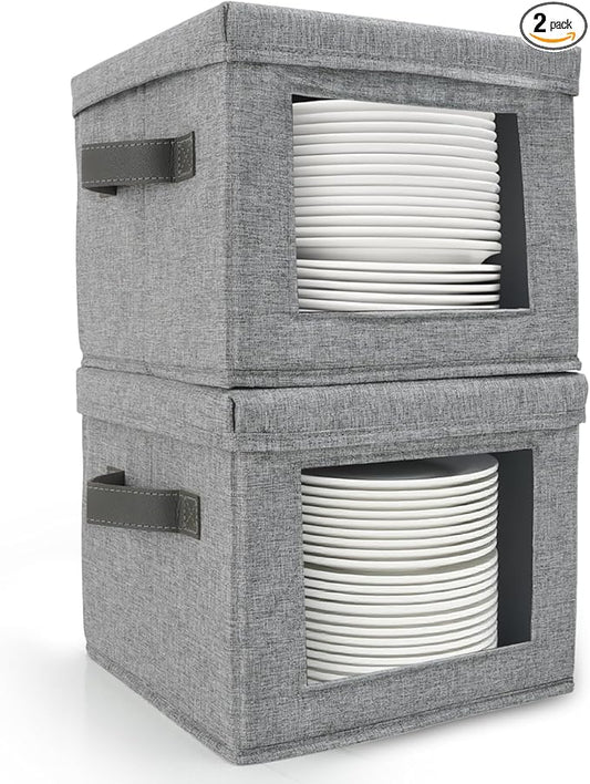 HOMELUX THEORY Plate Storage Box, 2pc 10"x8" Light Gray Hard Shell China Storage Containers, Kitchen Storage Bins With Lids, Heavy Duty Moving Box with Handles for Dishes, Dinner Plate & Dinnerware