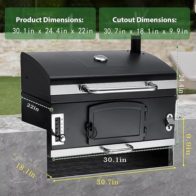 Large Built-in Barbecue Grills, Charcoal BBQ Grills with Liftable Tray, Insulated Hood & Temp Gauge, Black Stainless Steel Charcoal BBQ Barrel Grill for Outdoor Kitchen Camping Park Style