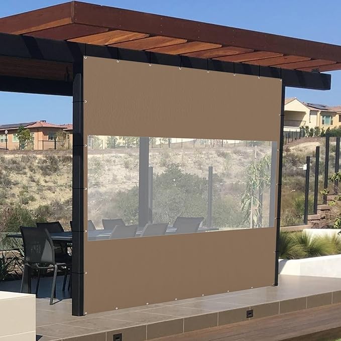 Domi Heavy Duty Outdoor Clear Panel Curtain, 18 oz Waterproof PVC Polyester Curtain, Weather Resistant & Tearproof for Patios, Gazebos, Pergolas, Privacy Screen (10'H x 8'W, Brown)