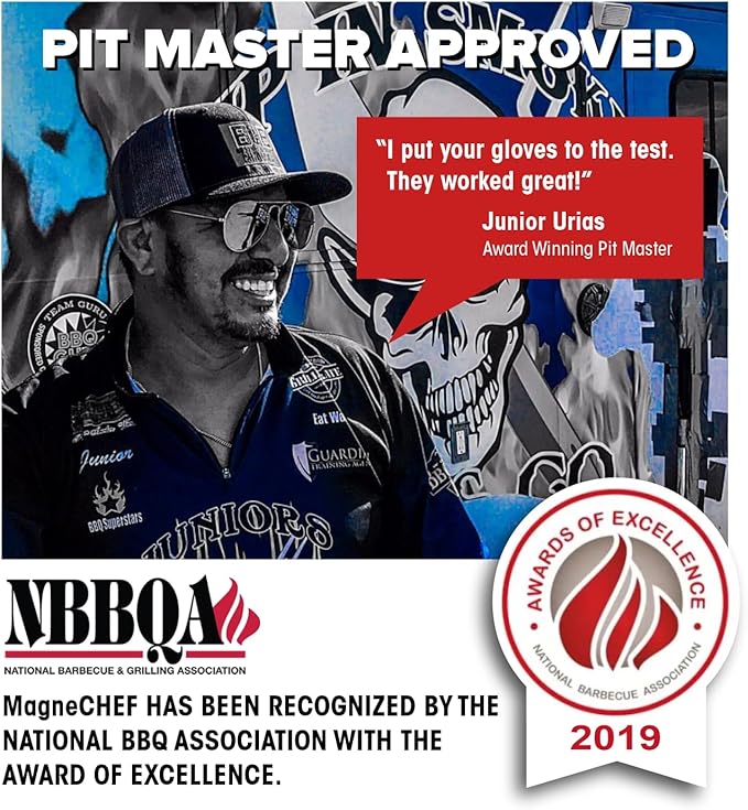 MagneCHEF Freedom BBQ Gloves 932°F Heat Rated Magnetic EZ On Off Safety Clips Waterproof for Grills Smokers Fryers Ovens (14")