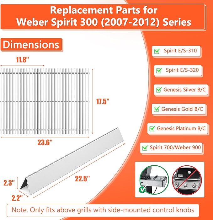 Grill Parts for Weber Genesis Silver B/C, Spirit 300/700, Weber 900 (Side Control), Genesis Gold/Platinum B/C Replacement for Weber 7525 Grates, Weber 7537, 17.5 Grill Grates, 22.5" Flavorizer Bars
