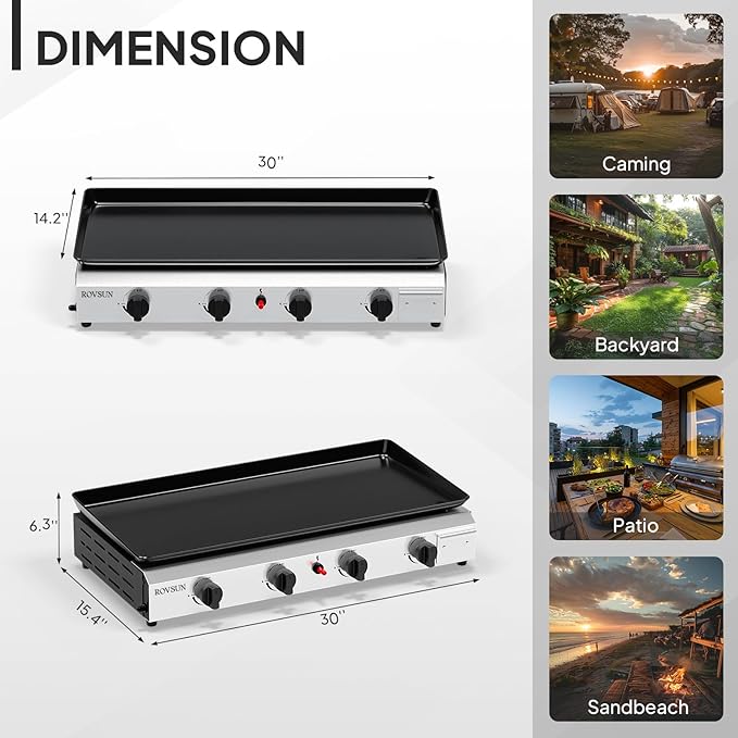 ROVSUN 4 Burner Portable Propane Griddle with Electronic Ignition & Regulator, 40,000 BTU Tabletop Flat Top Gas Grill with Nonstick Enameled Tray for Outdoor Cooking Camping BBQ Tailgating