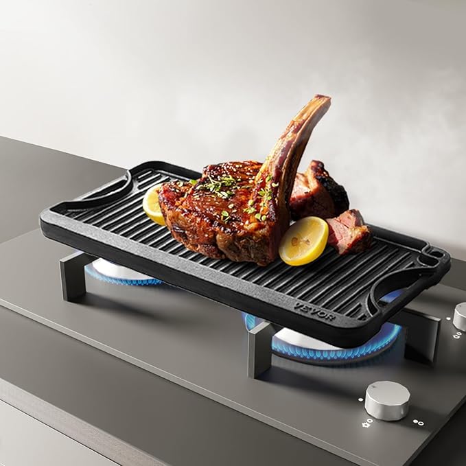 VEVOR Reversible Grill/Griddle, 20x10 inch Pre-Seasoned Cast Iron Griddle, Portable Rectangular Pan with Handle, Family Cookware for Indoor/Outdoor Stove Top Burner, Gas, Camping BBQ, Black