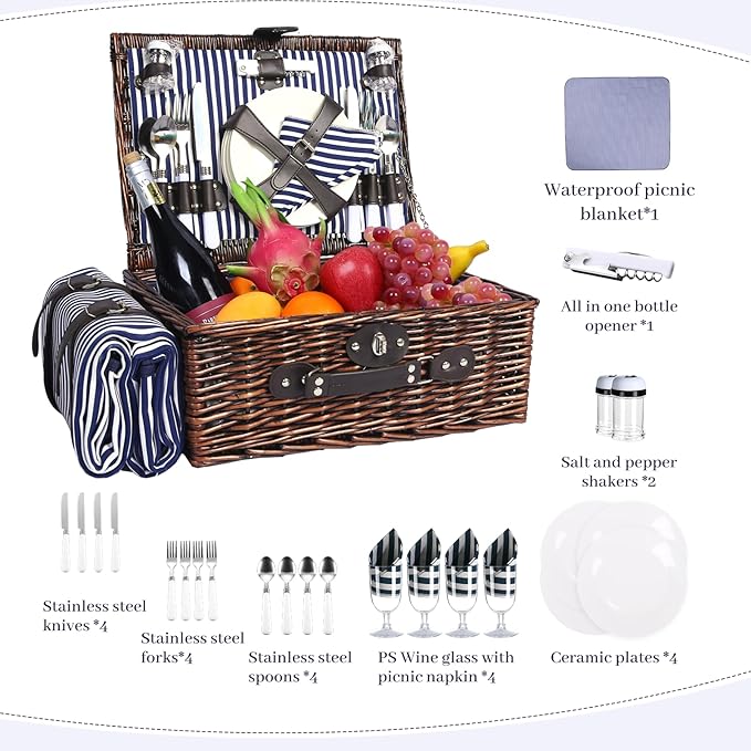 Neti Neti Wicker Picnic Basket for 4 with Insulated Cooler & Waterproof Blanket – Large Willow Picnic Hamper for Outdoor, Camping, Beach, Romantic Dates, Valentine’s Day