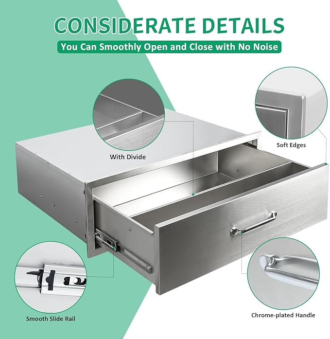 Outdoor Kitchen Drawers 30" W x 10" H x 23" D Stainless Steel Single Drawers with Ergonomic Handle for BBQ Island, Patio Grill Station & Outdoor Kitchen Cabinets