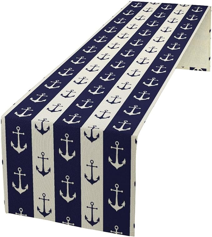 Nautical Anchor Table Runner, Ocean Beach Coastal Beach Stripe Background Theme Table Runner for Dining Kitchen Party Holidays Home 13x36in