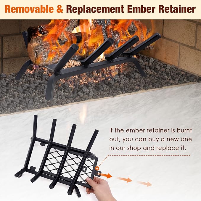Fireplace Grates with Ember Retainer - 14 Inch Fireplace Log Grate, Wood Stove Grate, Firewood Wood Log Holder Rack,Inside Wrought Cast Iron Fire Grate for Hearth Indoor Outdoor Camping