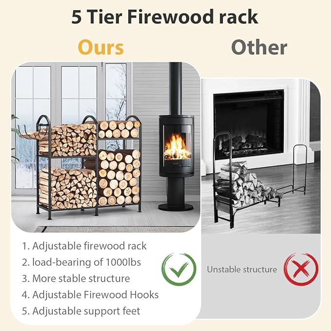 Firewood Rack Outdoor and Indoor, Fire wood Storage Racks with Wood Hooks, 15.7" Racks Outdoor for Fire wood, Adjustable Log Racks For Firewood, Heavy Duty Logs Holder Woods Storage