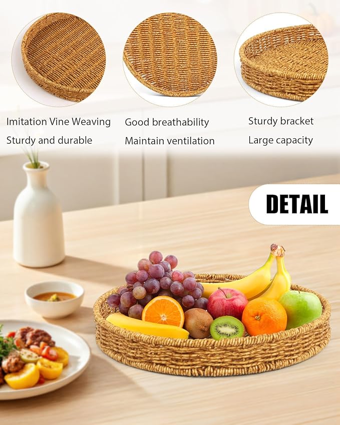 Woven Bread Basket, 3 Pack Wicker Fruit Baskets Rattan Bread Basket Poly Wicker Bread Baskets With Handles For Food Serving, Display, Vegetables, Home Kitchen, Restaurant, Outdoor (Round set)